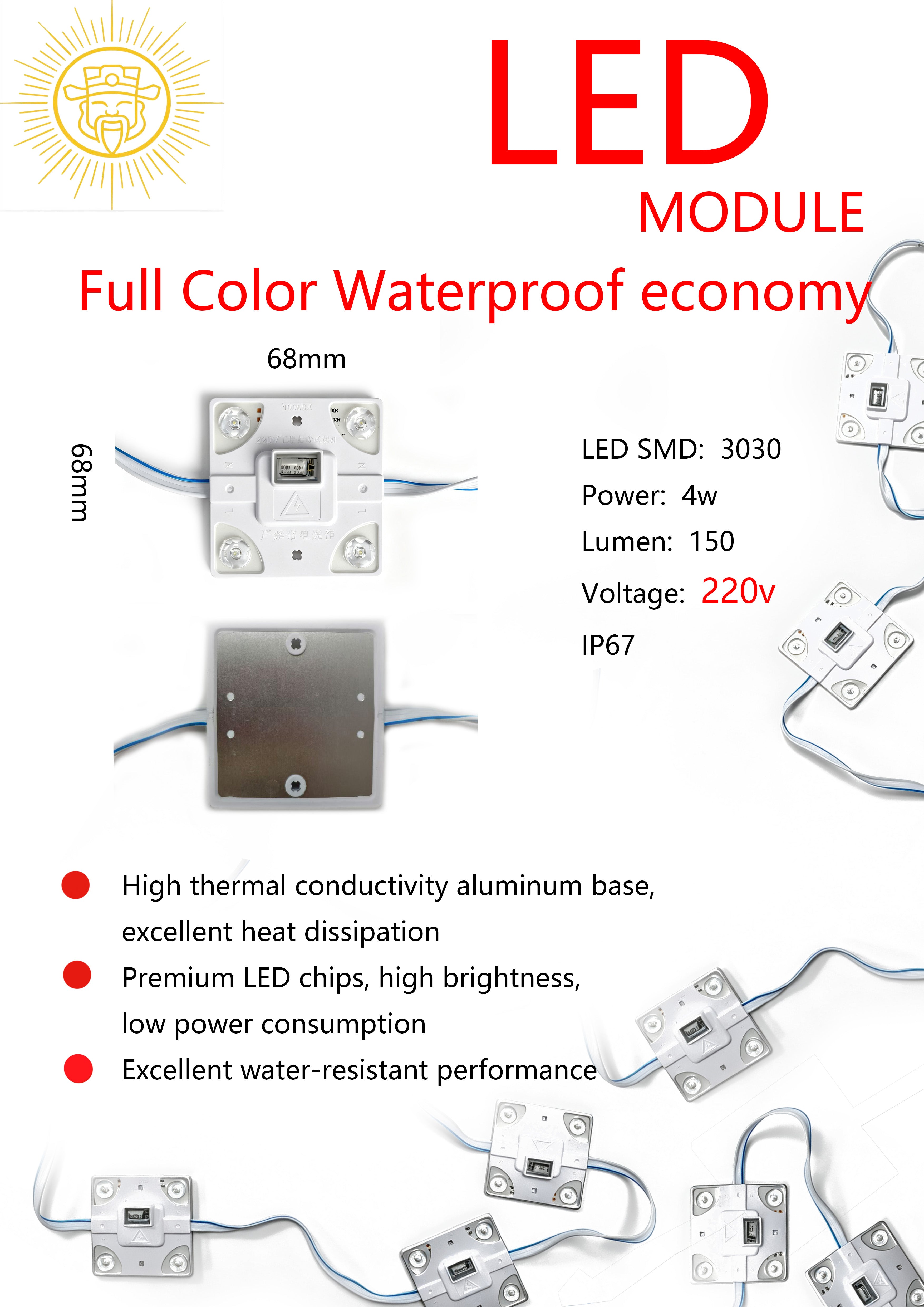 Full-Color Waterproof LED Module — 4-SMD LED Square Module — 250 Lumens/Module — Cool White Light