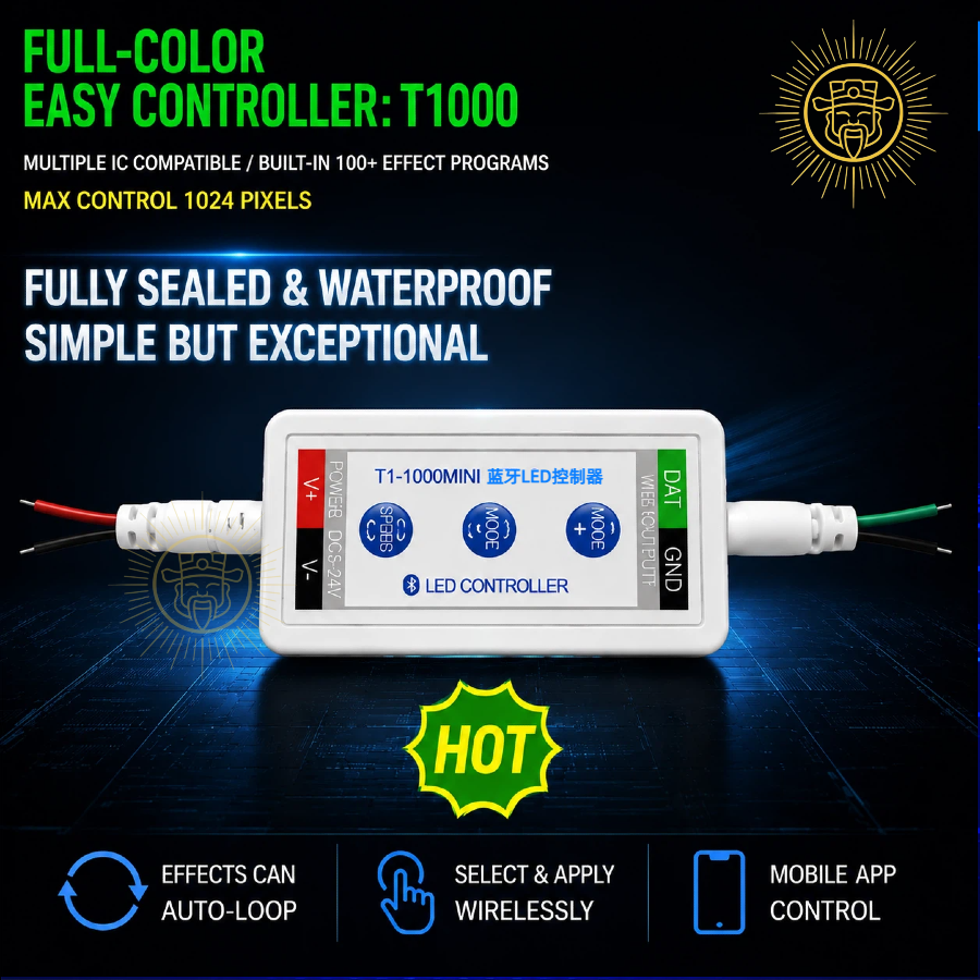 Full-Color Simple Controller: T1000 — Compatible with Multiple IC Types / Features Over 100 Built-in Effect Programs / Supports Up to 1,024 Controllable Pixels